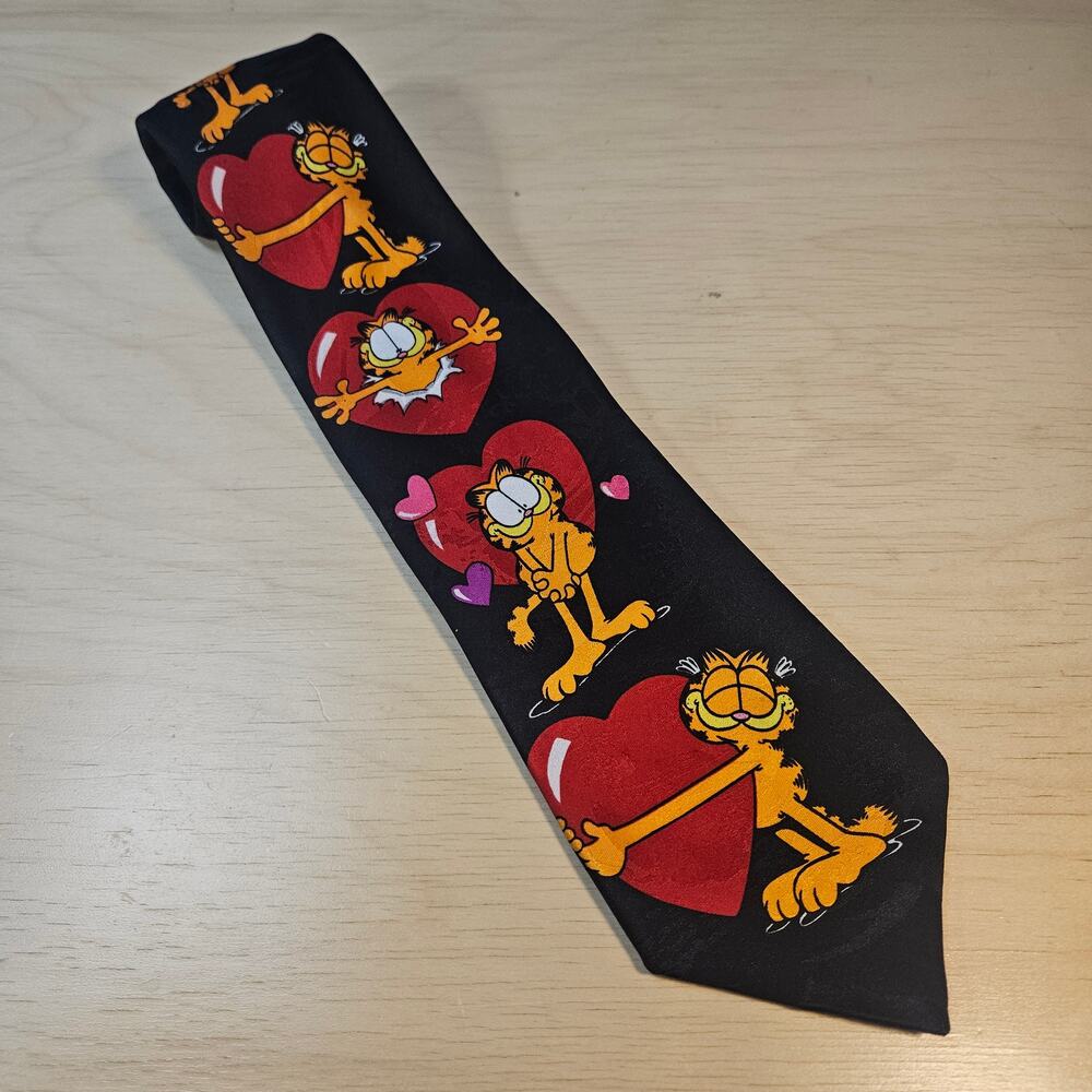 Vintage Garfield Necktie Novelty Valentines Day Hearts Paws Addiction Black Tie